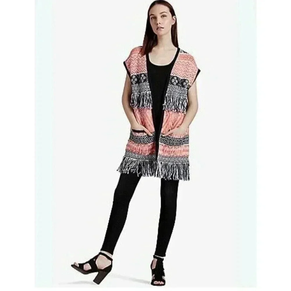 Lucky Brand Fringe Jacquard Cardigan Sweater Vest Sz M Orange Black Aztec‎